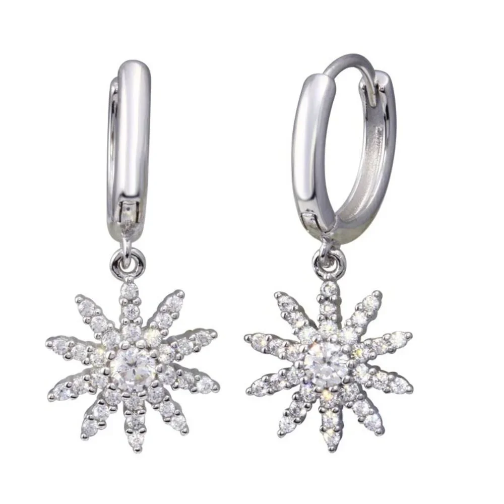 Sterling Silver 925 Rhodium Plated Sun Clear CZ Huggies Hoop Earrings